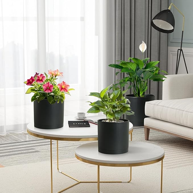 Meowell 10/8/6 inch Large Deep Plant Pots for Outdoor Indoor Plants, 3 Pack Tall Cylinder Flower Pots with Drainage Holes and Saucers, Big Plastic Planter Pots for Garden House Porch, Black