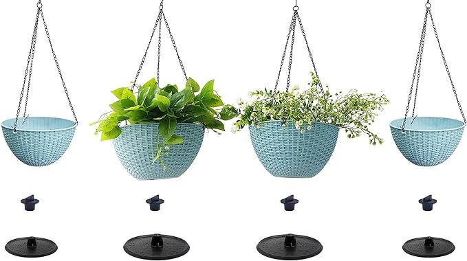 RooTrimmer Hanging Planters for Outdoor Plants 8/10 Inch, 4 Packs Hanging Flower Pot Indoor with Drainage Holes, Self-Watering Hanging Basket Perfect for Home, Office and Garden (Sky Blue)