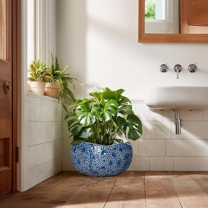 Thirtypot Bonsai Tree Pot - 13 Inch Large Ceramic Pots for Plants Indoor Outdoor, Round Planter, Decorative Flower Pot with Drainage Hole, Modern Unique Planter, Garden Decor Home, Garden Gifts, Blue