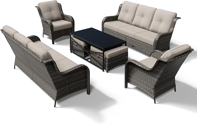 Joyside 7 Piece Wicker Patio Furniture Set, Rattan Patio Chairs with High Back, Deep Seating, Wide Armrest, Thickened Cushions, Outdoor Furniture for Deck, Porch Use