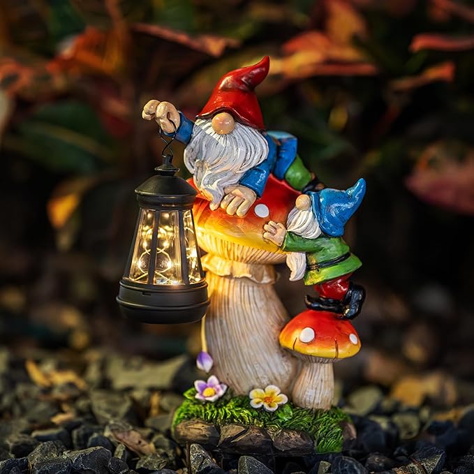 C&Y&G&X Solar Garden Gnome Statue - Waterproof Outdoor Mushroom Decor with Solar Lantern LED Lights for Yard, Lawn, Patio - Ideal Gifts for Mom Grandm