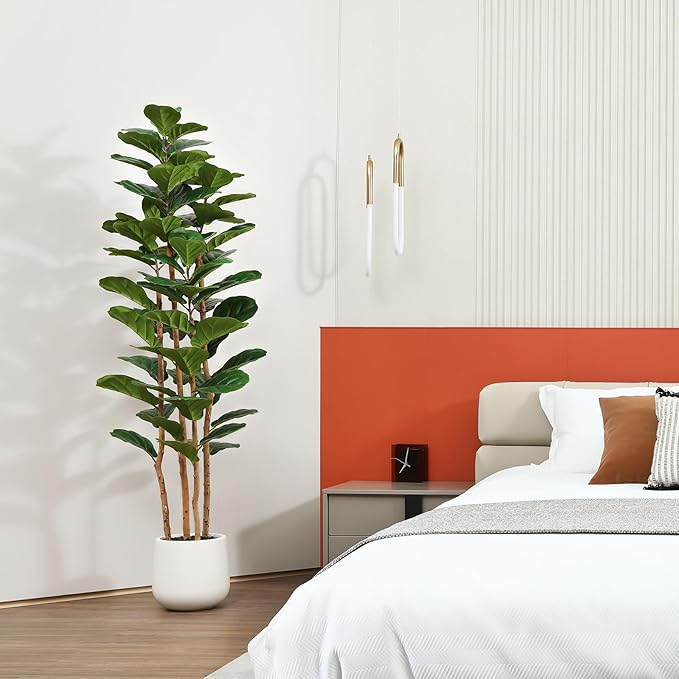 OAKRED Artificial Fiddle Leaf Fig Tree with White Planter, 6ft Tall Fake Tree with Natural Wood Trunk for Home Decor, Faux Ficus Tree Fake Moss for Indoor Office Living Room