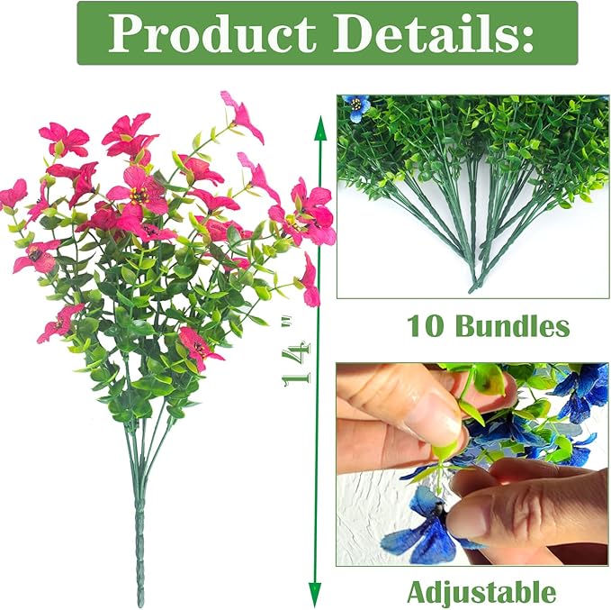 Grunyia 10 Bundles Artificial Flowers Outdoor UV Resistant Fake Flowers No Fade Faux Plants Garden Porch Window Box Decorating (Rose Red)