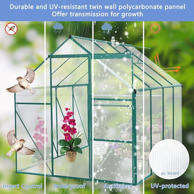 6x8 FT Polycarbonate Greenhouse Raised Base and Anchor Aluminum Heavy Duty Walk-in Greenhouses for Outdoor Backyard in All Season Green