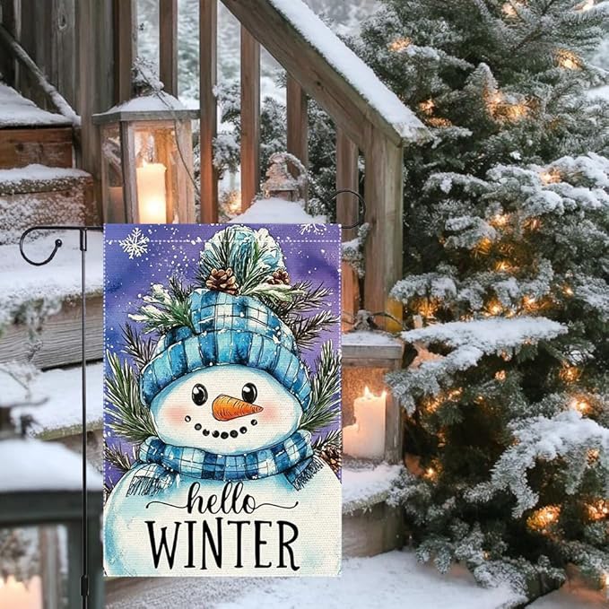 Hello Winter Snowman Garden Flag 12x18 Inch Double Sided Burlap Holiday Yard Decoration with Blue Knit Hat and Scarf Pinecone Snowflakes Outdoor Welcome Banner