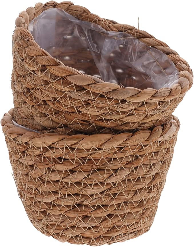 Alipis Seagrass Planter Basket: 5.11" Mini Woven Flower Pots with Leak-Proof Liner - Rattan Storage Basket Plant Container for Indoor Outdoor Garden Home Office Decor
