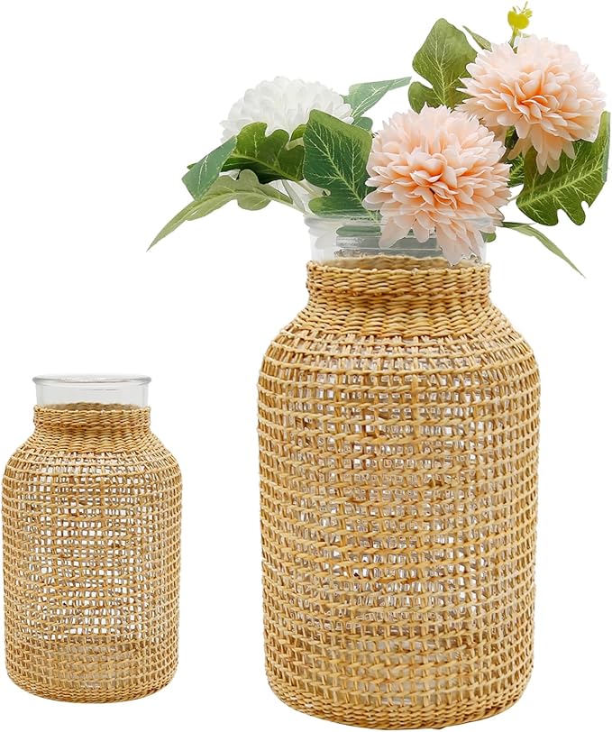 MDEOOSKY Straw Woven Glass Vase 10.25''X3.93''X5.52''Boho Glass Flower Vase Country Rustic Style Vase Glass Vase for Floral Arrangements Bottle Height (B Style 10.25IN)