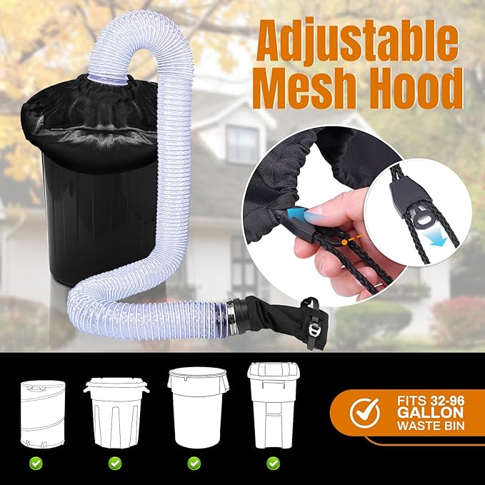 Universal Leaf Collection System for Leaf Blowers & Vacuums, Fits Up to 5” Diameter, Transparent Observation Tubes, Adjustable Mesh Cover for 32–96 Gal Bins