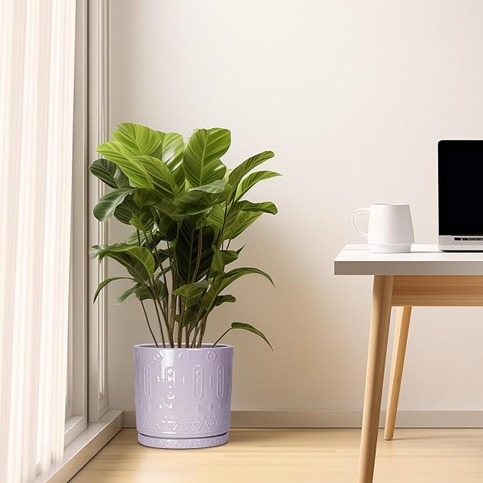 10 Inch Planter, Ceramic Plant Pots for Indoor Outdoor, Round Pot for Plants with Drainage Hole and Sacuer, Boho Plant Pot, Decorative Flower Pots, Living Room Decor, Purple