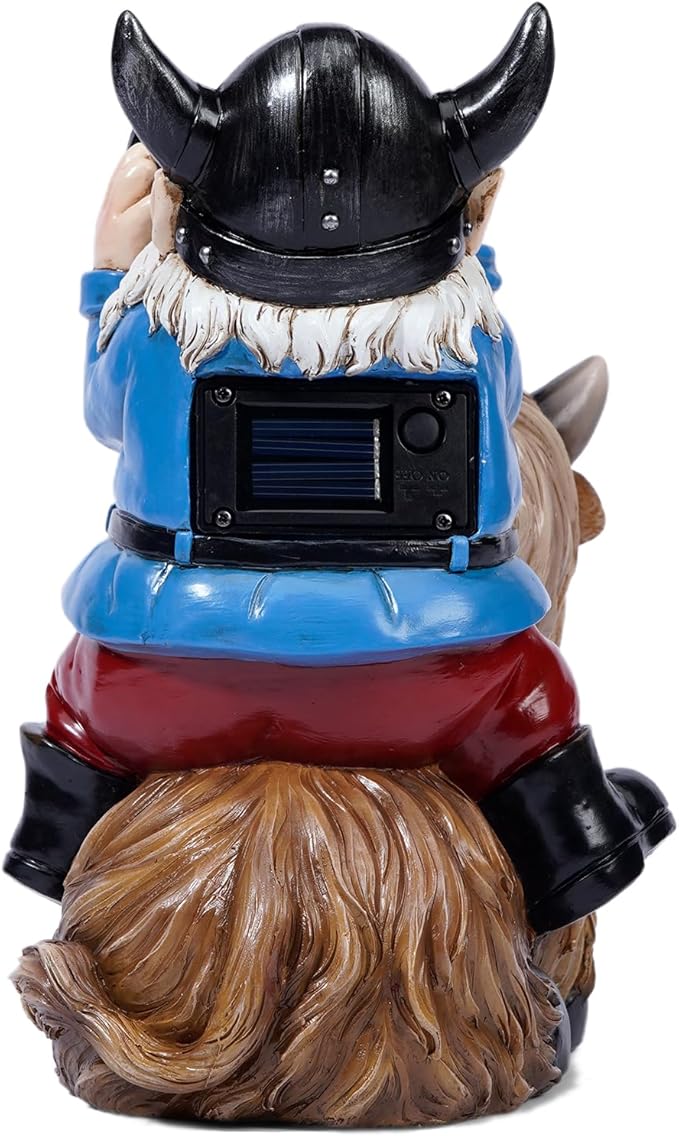 Tolimi Garden Gnome Sitting on Highland Cow Outdoor Statue wiht Solar LED Light Funny Decoration for Yard and Patio Gifts for Mom Christmas Decorations