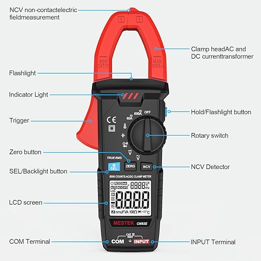 Digital Clamp Meter, MESTEK Multimeter Voltage Tester TRMS 6000 Counts Auto-ranging Amp Volt Ohm Meter with NCV, Measures AC/DC Current, Voltage, Capacitance, Resistance, Diodes, Continuity, Live Wire