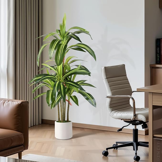 Alupssuc Artificial Dracaena Fake Tree 4FT, White High Pot Artificial Plants Indoor&Outdoor, Fake Plants for Office/Home/Living Room Potted Decoration, 4ft