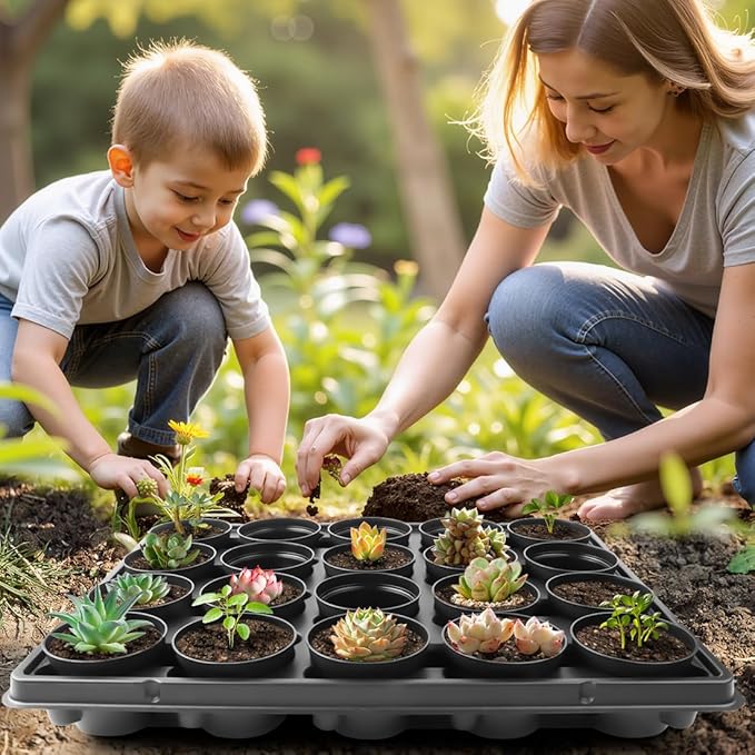 RooTrimmer 3 Inch Plastic Plant Pots 100 Pcs with 5 Pcs 20 Cell Seed Starter Trays, Thick Black Small Nursery Pots and Propagation Shuttle Trays for Seed Starting, Plant Propagation Starter Kit 5 Sets