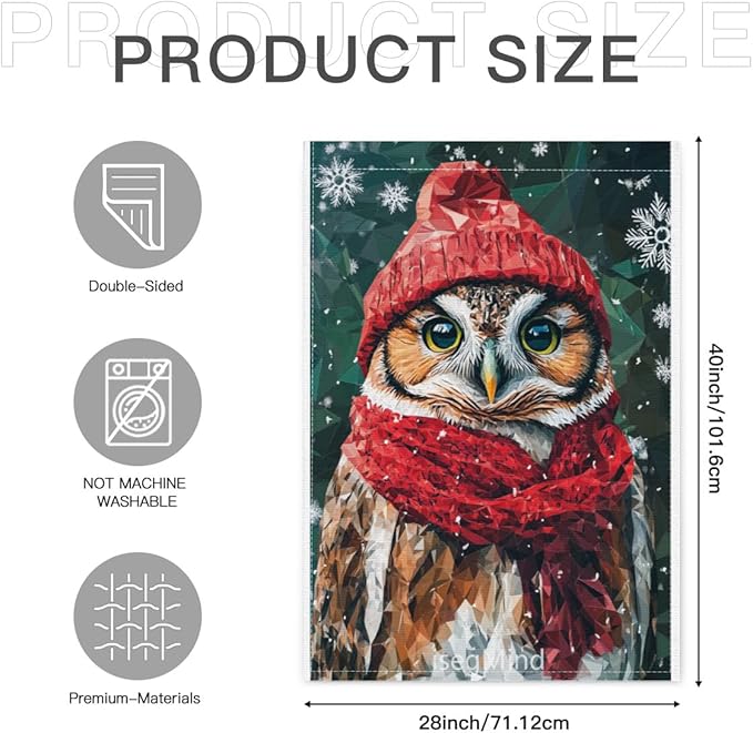 Owl with Red Scarf and Hat Snowflake Christmas Garden Flag, 28x40 Inch Double Sided Linen Holiday Red Winter Farmhouse Yard Outdoor Decoration (4333)