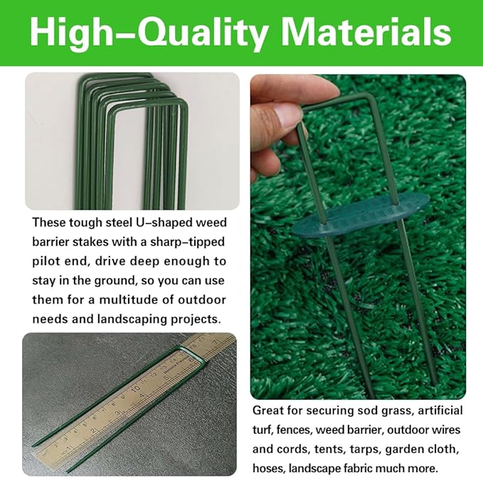 Bakulyor 150pcs Green Artificial Turf Stakes Staples + 150pcs Buffer Washer, 6 Inch 11 Gauge Landscape Staples, Galvanized Lawn Spikes, Heavy Duty Yard Ground Pin for Grass Weed Barrier Sod Fabric