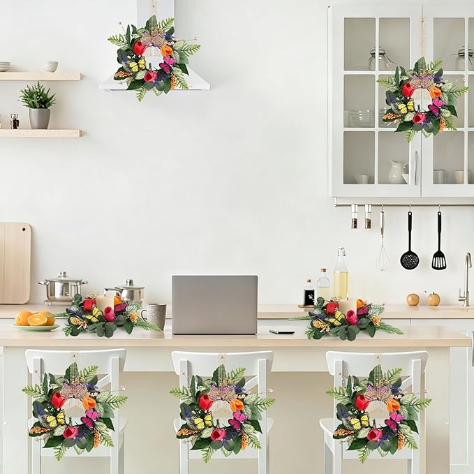 6 PCS Mini Spring Summer Kitchen Cabinet Wreaths Small Butterfly Tulip Lavender Eucalyptus for Front Door with Ribbon Berry Spring Floral Silk Flowers Wreath for Porch Wall Window Farmhouse Decor