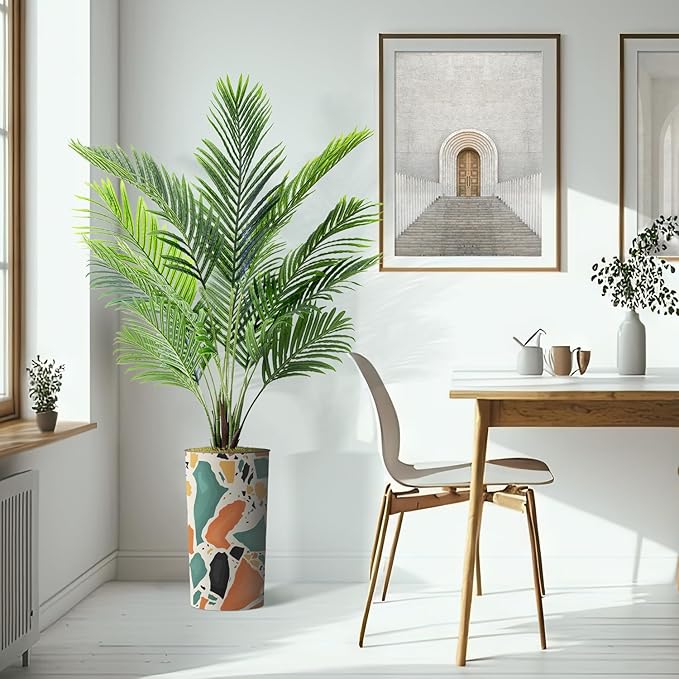 Artificial Tree in Modern Geometric Pattern Planter, Fake Areca Tropical Palm Silk Tree for Indoor and Outdoor Home Decoration - 66" Overall Tall (Plant Pot Plus Tree)