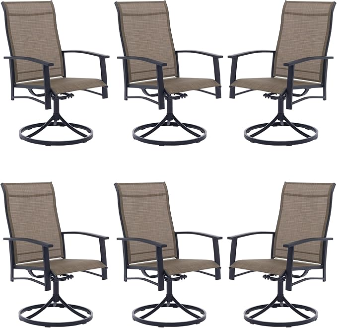 Outdoor Swivel Dining Chair Set of 6, All Weather Patio Dining Chair with Textilene High Back and Metal Frame for Backyard, Lawn Garde and Deck, Mocha