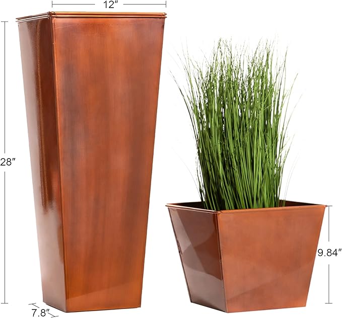 UltiTeque 28in Tall Metal Copper Square Planter Galvanized Steel Metal Planters for Indoor/Patio Deck Garden Entrance Planter