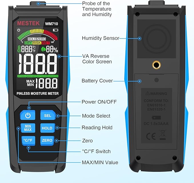 MESTEK Pinless Wood Moisture Meters for Drywall, Water Leak Detector, Wall Moisture Tester for Lumber Concrete Building, Wall Moisture Sensor Digital Humidity Tester for Firewood
