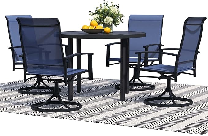 5 Pieces Outdoor Table and Chairs for 4, 42" Black Round Table with 4 Blue Swivel Chairs, Patio Set with Swivel Chair, Garden Tables for Outdoor, Patio Dining Set for Lawn Backyard Poolside
