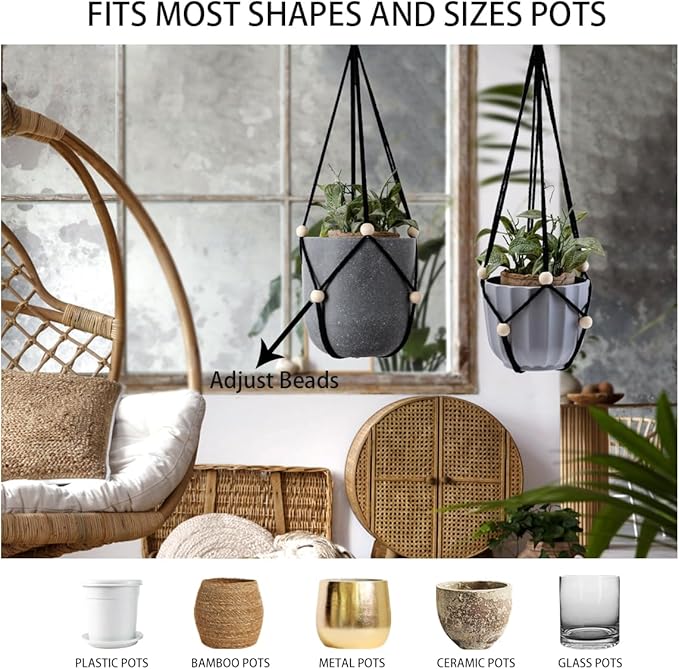 Artilady Black Hanging Planter for Indoor Plants Macrame Plant Hanger Large Hanging Plant Holder Basket with Adjustable Beads Outdoor Window Boho Plant Wall Decor (Black Bead)