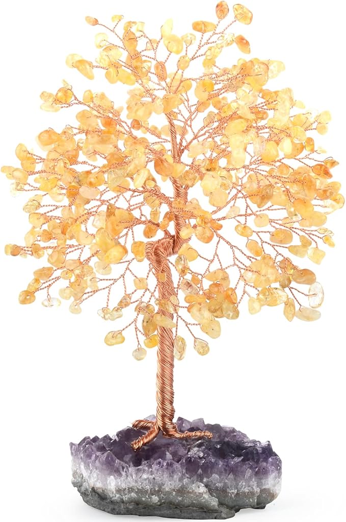 MASGEMES Gemstone Crystal Tree of Life,Natural Citrine(406 Stones Count) with Amethyst Cluster Base,Chakra Healing Crystals Positive Energy Fengshui Bonsai Money Tree Gift 8.5"-9"