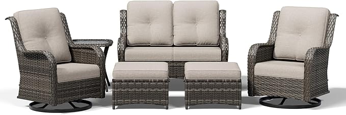 Joyside 6 Piece Wicker Patio Furniture Set, Outdoor Swivel Rocker Patio Chairs with High Back, Deep Seating, Wide Armrest, Thickened Cushions, Outdoor Furniture for Deck, Porch Use
