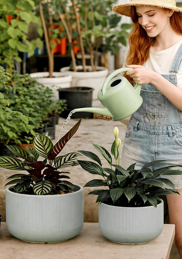 Ceramic Planters - 10+12 Inch Large Pots for Indoor & Outdoor Plants, Modern Flower Pots with Drainage Holes and Self Watering Devices, House Grey-Blue Big Plant Pot, Set of 2