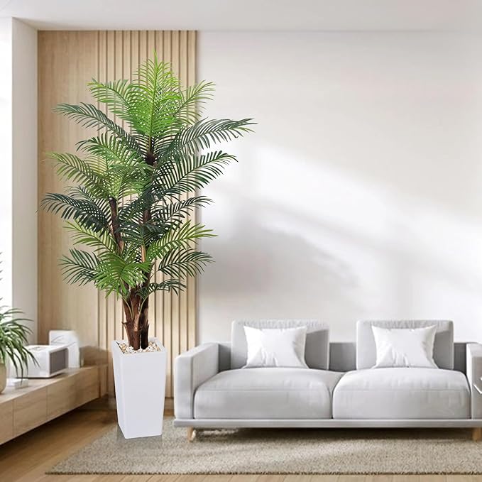 HAIHONG Artificial Palm Tree 7FT, Fake Tree with Realistic Fiber Trunks and White Tall Planter, Faux Tropical Areca Floor Plant in Pot, Artificial Silk Plant for Home Decor Office Decor Indoor