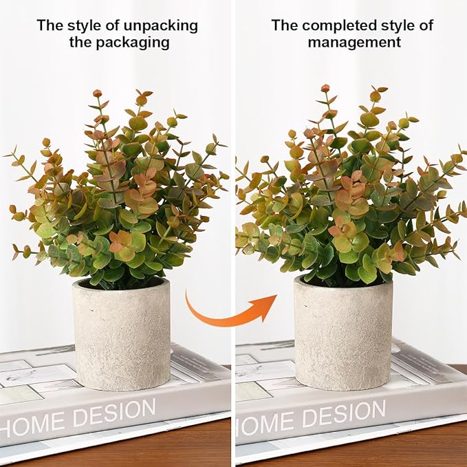 2 Pack Small Fake Plants Eucalyptus Potted Artificial Plants for Shelf Desk Home Bathroom Farmhouse Room Coffee Table Decor Fall Decor (Yellow)