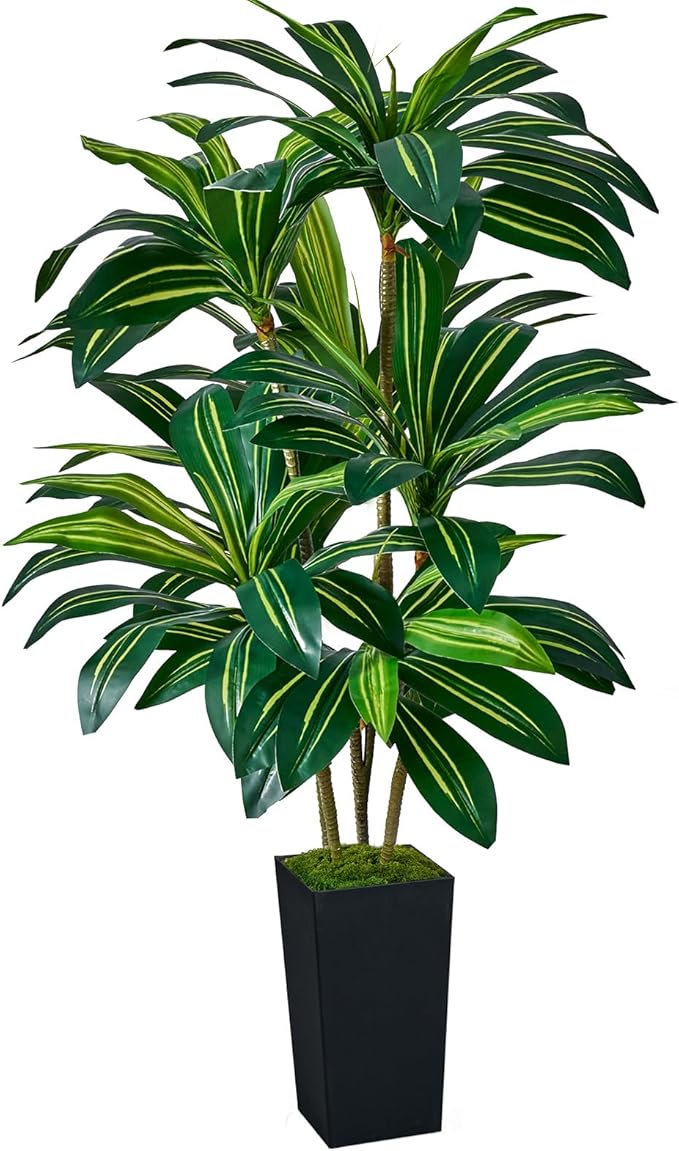 Artificial Dracaena Tree 5FT, Faux Tree with Black Tall Planter, Fake Yucca Tree Tall Faux Plants Indoor, Floor Plant for Home Office Living Room Garden Decor