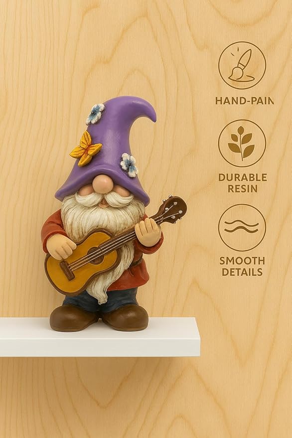 Musical Gnome Figurine with Guitar – Handcrafted Resin Garden or Shelf Decoration, 6.2" Tall Whimsical Gnome Statue with Purple Hat, Flowers & Butterfly, Gift for Music Lovers (Purple)