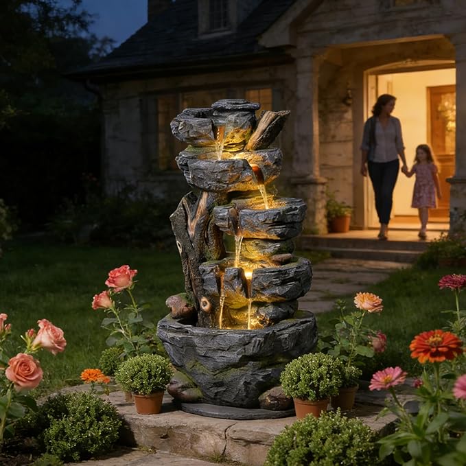 47.2" Tall Outdoor Water Fountain 5-Tier Large Cascading Waterfall Fountain Realistic Rock & Tree Trunk Design with LED Lights, Relaxing Water Flow for Garden, Patio, Backyard & Porch Decor
