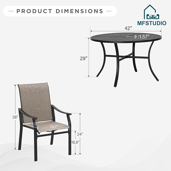 MFSTUDIO 5 PCS Patio Dining Set with 4 Sling Dining Chairs and 1 Round Heavy Duty Metal Table for 4, All Weather Resistant Patio Dining Furniture Set, Grey