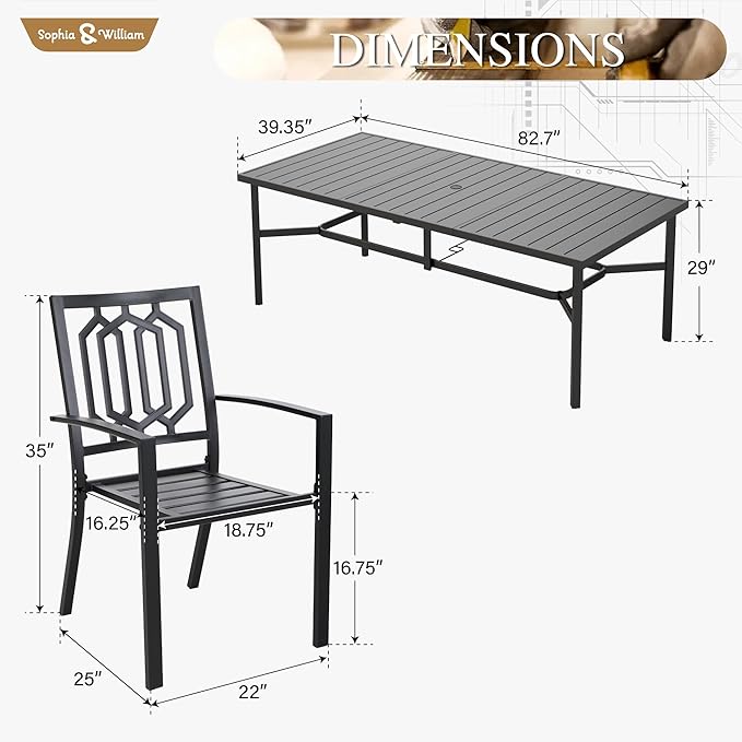 Sophia & William Patio Table and Chairs Set, Outdoor Dining Set for 8, 9 Piece Metal Patio Furniture, 82.7" Black Rectangular Table(Geometry)