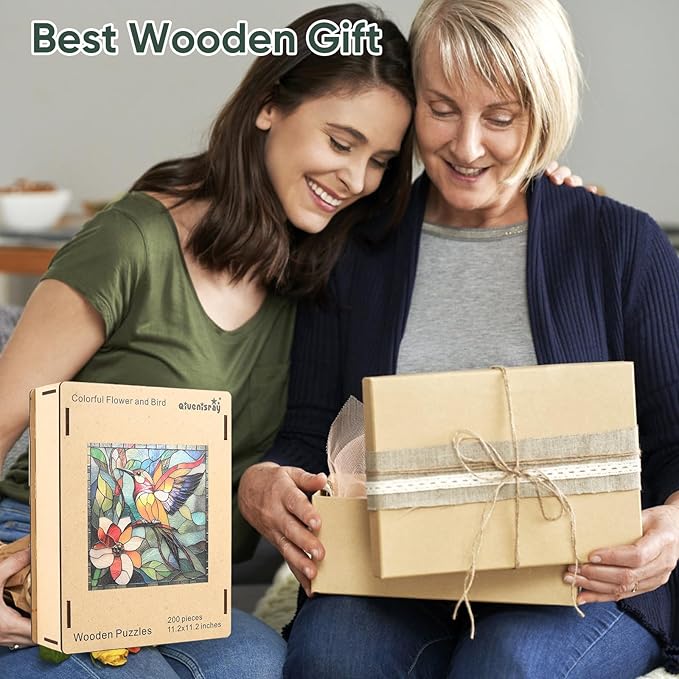 Qiuenisray Wooden Puzzles for Adults, Stained Glass Hummingbird Puzzle 200 Piece, FSC Certified Unique Animal Shape Wood Puzzles, Bird Jigsaw Puzzles for Family Friend 11.2x11.2 in