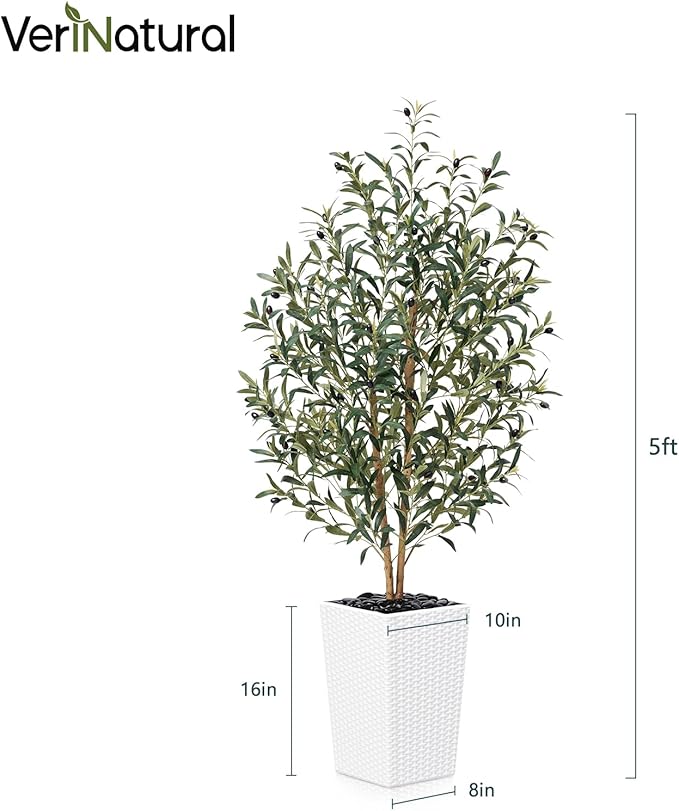 VeriNatural Artificial Olive Tree 5FT - Tall Faux Olive Trees with Natural Wood Trunk, Silk Leaves, White Taper Planter & Pebbles, UV Resistant Fake Plants Indoor for Home Decor, Office,Outdoor,VN131