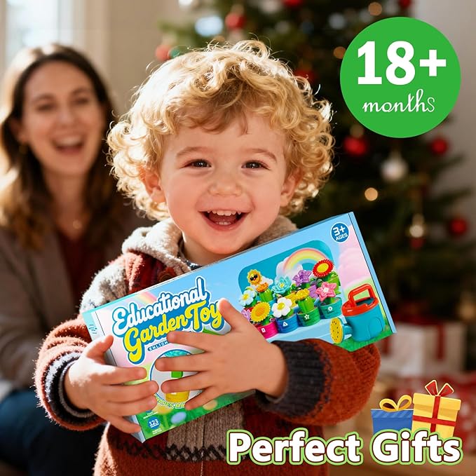Montessori Toys Flower Garden Toy Set with Watering Can, Shovel, Rake, Color & Shape Sorter Toy, Educational Activity Preschool Learning Toys, Gift for Baby Toddler Girls 1 2 3 4 Year Old 10 PCS