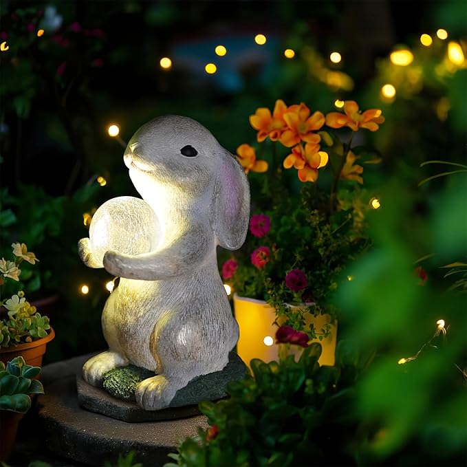 Solar Garden Statue Rabbit Outdoor Decor, Bunny Figurines with Solar Lights, Yard Decorations for Patio Balcony Yard Lawn Ornament - Unique Birthday Easter Housewarming Gifts for Women, Mom, Grandma