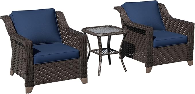 3 Pieces Patio Conversation Furniture Set - 2 Armchairs, 1 Side Table, Outdoor Wicker Furniture with Removable Cushions for Porch, Balcony, Deck, Sunroom (Blue)