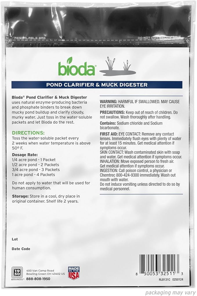 Bioda Pond Clarifier & Muck Cleaner, Keeps Ponds Clear, Treats 1/4 Acre - 6 Months, 12 Packets