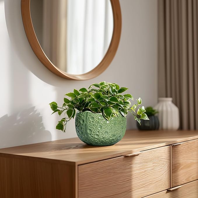 Thirtypot 6 Inch Plant Pot - Orchid Pot with Drainage Hole, Ceramic Planter for Indoor Outdoor, Decorative Plant Pots, Modern Round Unique Flower Pots, Living Room Decor, Gifts for Women Men, Green