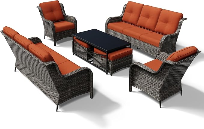 Joyside 7 Piece Wicker Patio Furniture Set, Rattan Patio Chairs with High Back, Deep Seating, Wide Armrest, Thickened Cushions, Outdoor Furniture for Deck, Porch Use