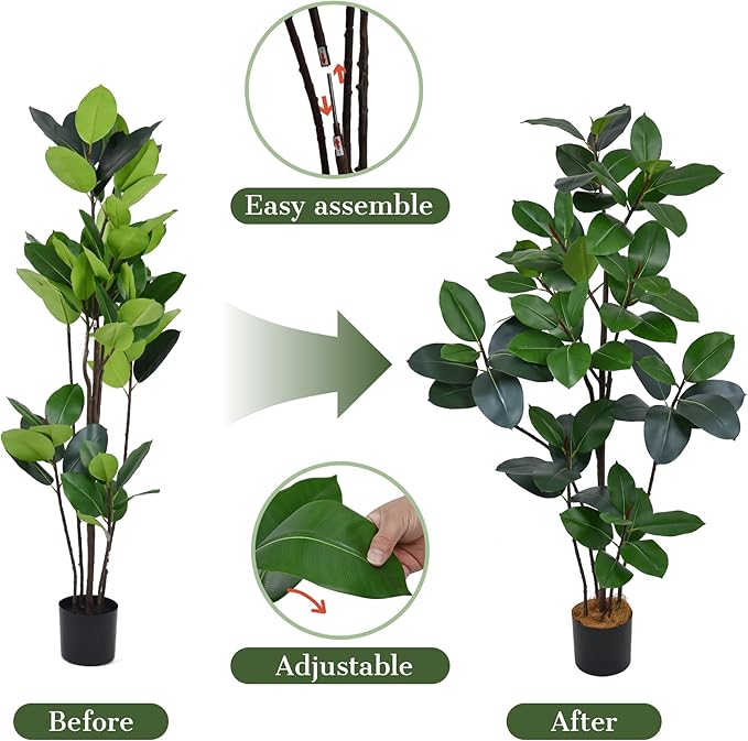 6FT Artificial Green Rubber Tree - 72" Faux Trees Indoor with 70 Lifelike Vivid Leaves and 10 Heads, Tall Fake Potted Plant for Home Office Living Room Decor Housewarming Gift