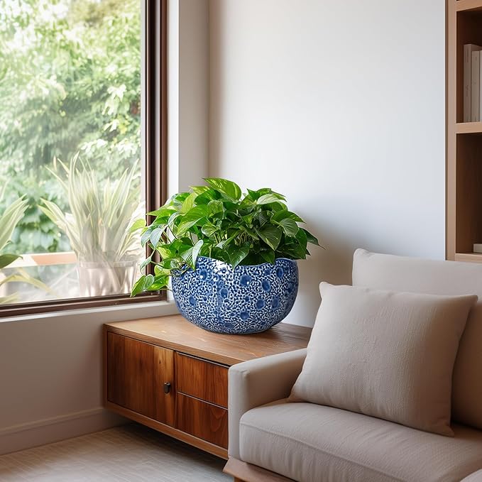 Thirtypot 10 Inch Plant Pot - Ceramic Pots for Plants Indoor Outdoor, Round Bonsai Pots with Drainage Hole, Decorative Flower Pot, Modern Unique Planters, House Decor, Housewarming Gifts, Blue