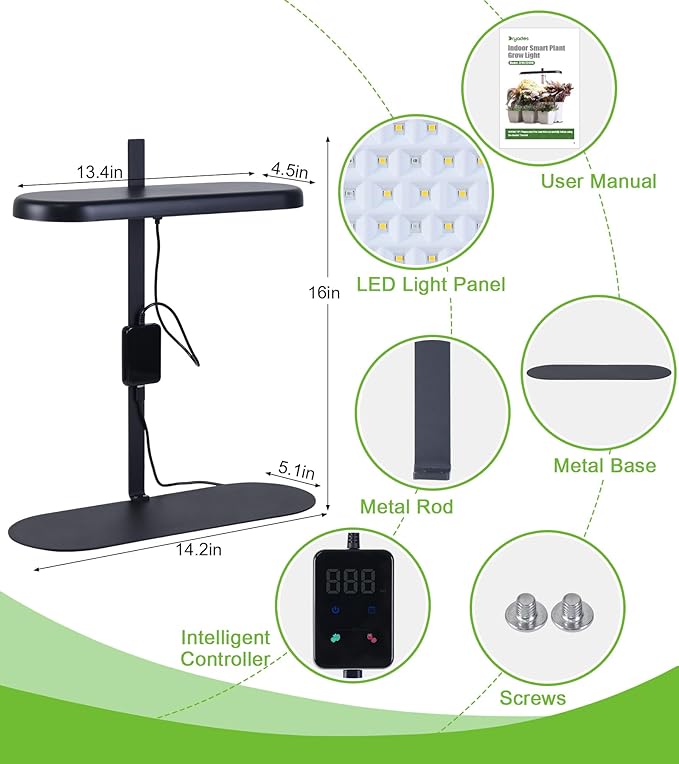 DRYADES Grow Lights for Indoor Plants, 20W Full Spectrum LED Grow Lamp for Indoor Garden with Intelligent Controller, Height Adjustable, Ideal for Home Desk Plant Lighting (Black, Metal Base)