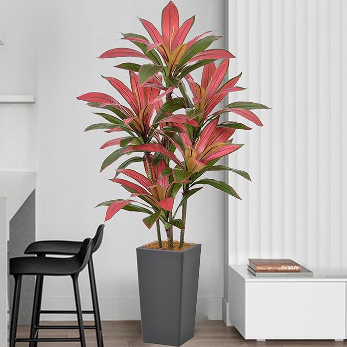 Roselywed Artificial Red Dracaena Tree 5FT with 90 Leaves & 6 Heads & Gray Tall Planter Cover with Coconut Fiber Tall Faux Tropical Silk Bicolor Plant 60 Inch for Indoor Home Office Porch Mall Decor