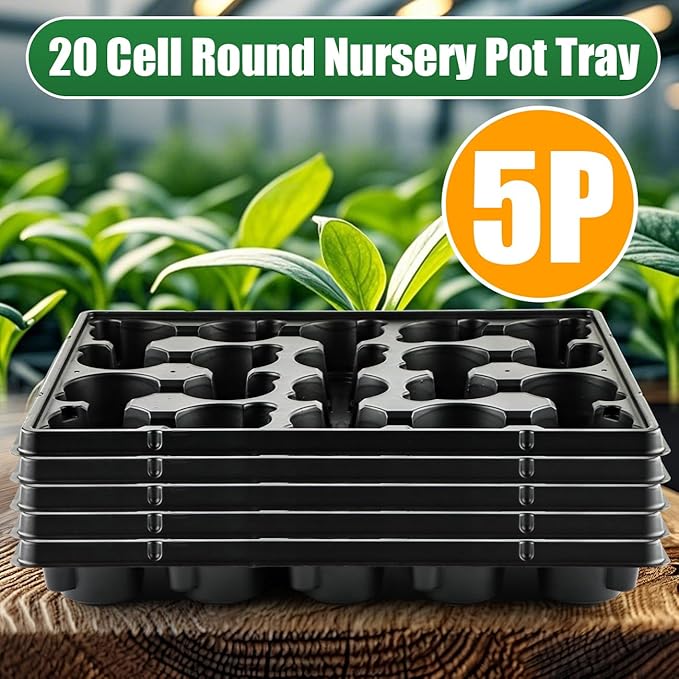 RooTrimmer 20 Cell Plant Trays for Carrying 3 inch Round Nursery Pots, Sturdy Plastic Trays Suitable for Holding 100 pcs Peat Pots (5 Packs)