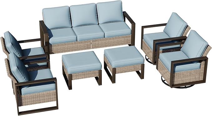 Joyside Outdoor Patio Chairs, 8 Pieces Wicker Rattan Furniture Set, 4 Patio Chairs, 1 Sofa, 2 Ottoman and 1 Table, Metal Wide Armrest, Thick Cushions and Deep Seating for Garden, Backyard, Porch